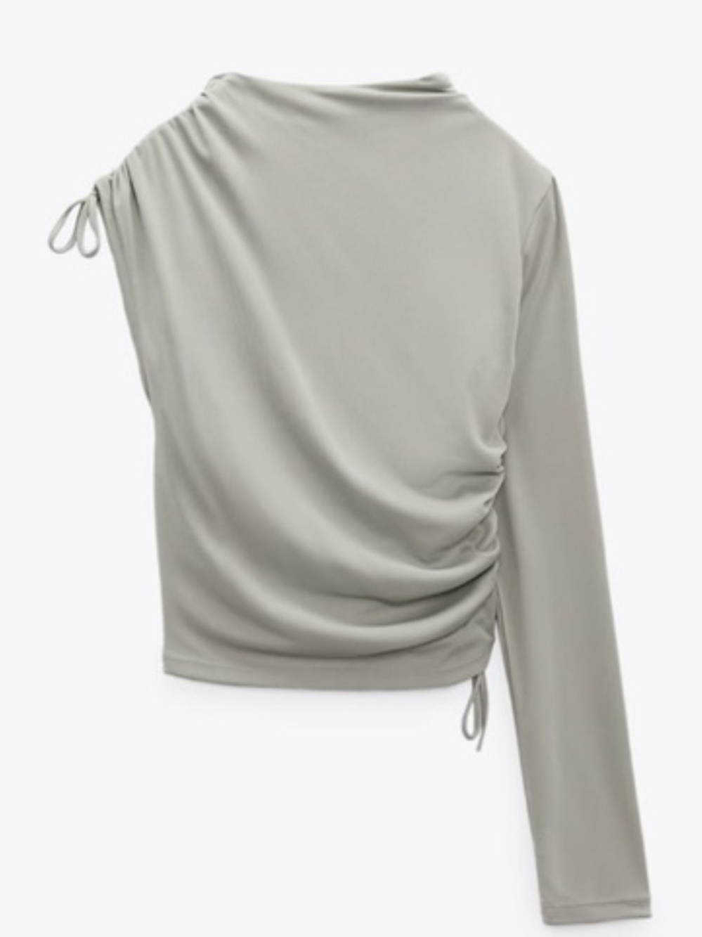 Zara One-Shoulder Ruched Long-Sleeve Top - Light Gray